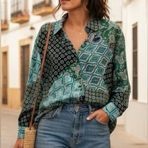 Stradivarius Long Sleeve Paisley Patchwork Silky Button Up Blouse XS Teal Green